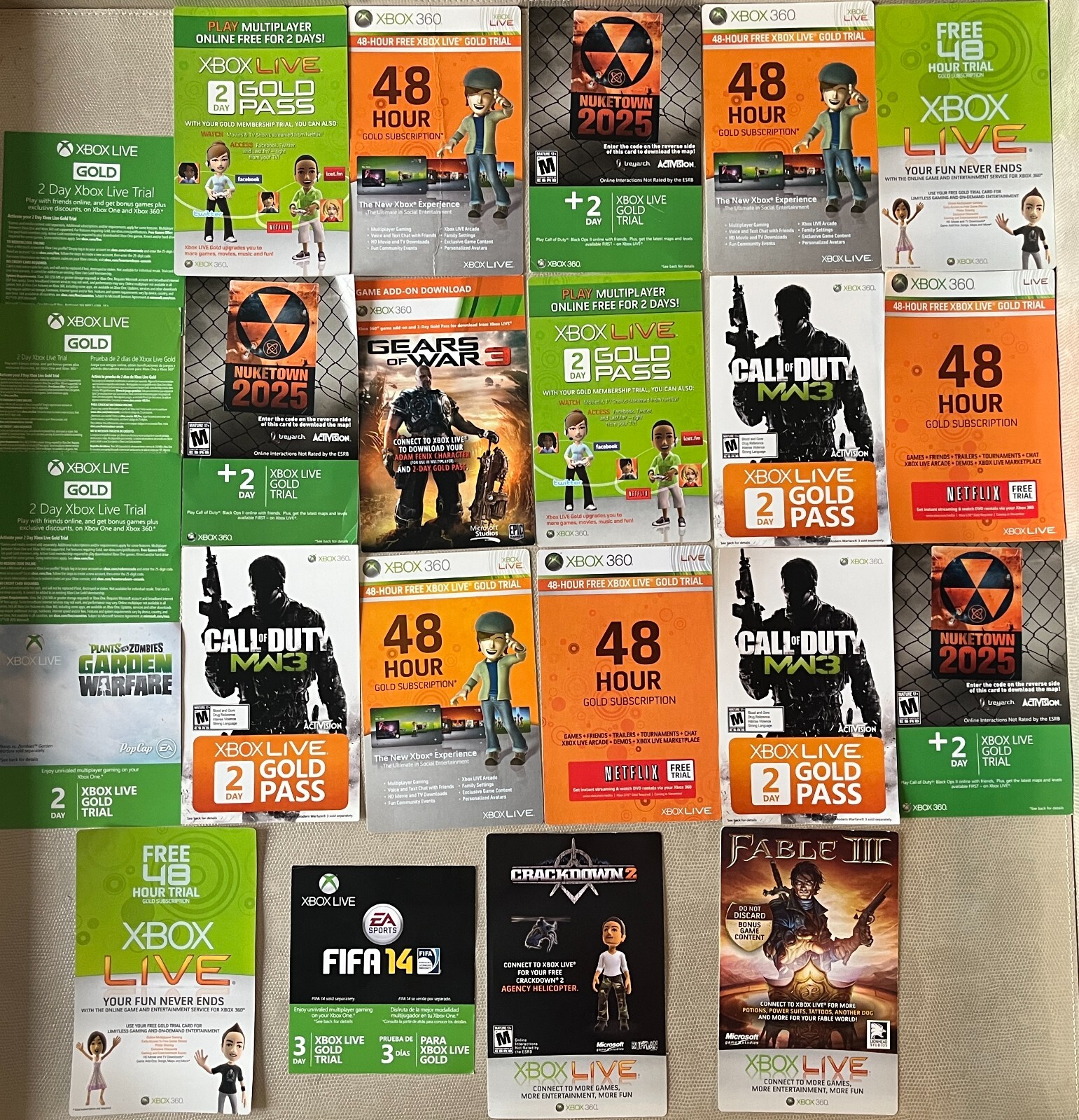XBOX LIVE 2 Day / 48 Hour UNUSED Code Cards, Lot of 20 Trial Codes + BONUS items