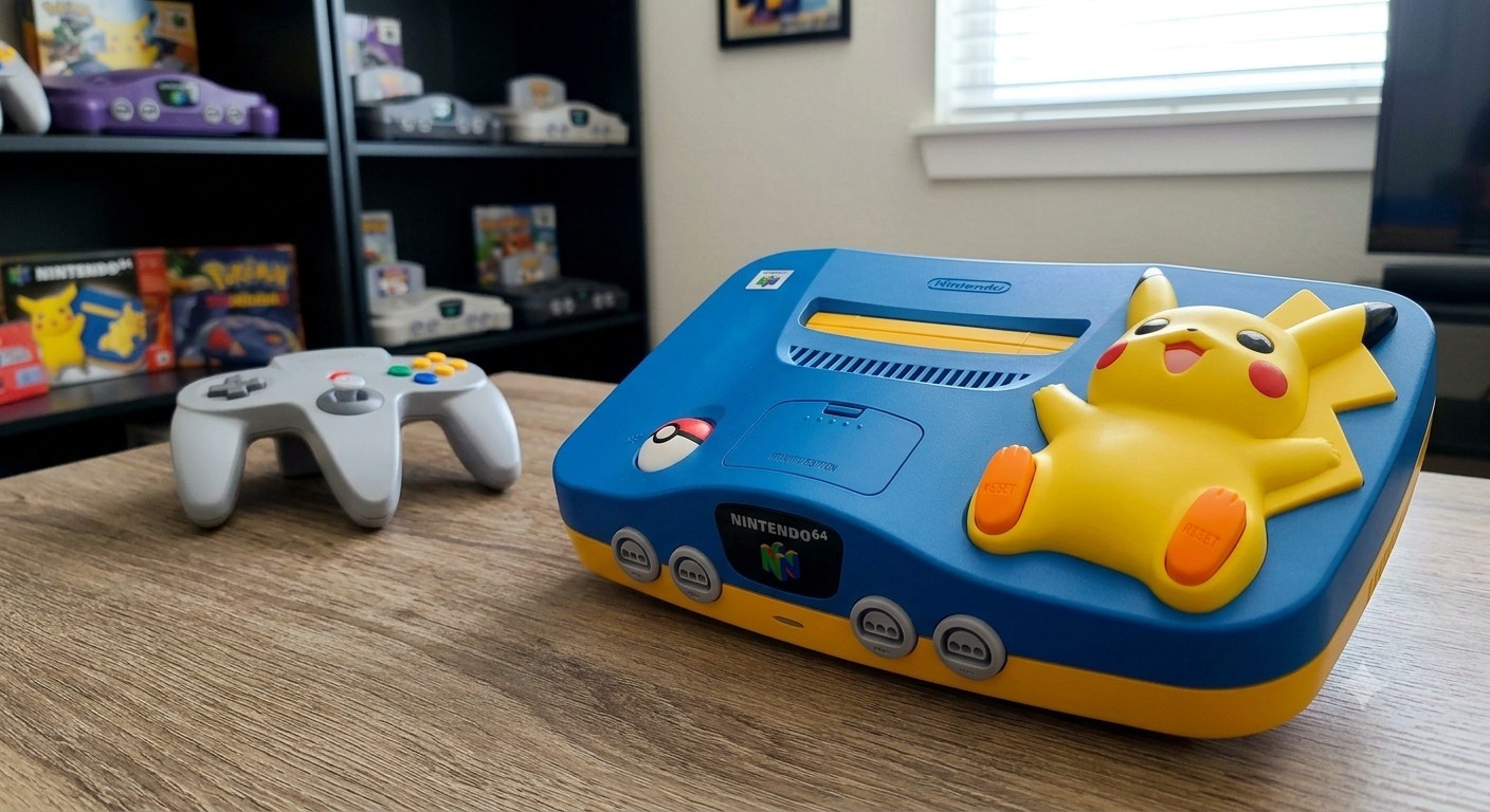 nintendo 64 pikachu console, with controller cords and games